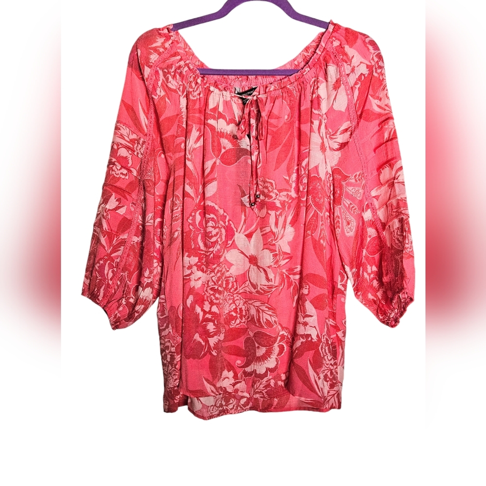 Unique Spectrum Bohemian Floral 3/4 Sleeve Silk Feel Blousy Tunic Blouse Sz XL